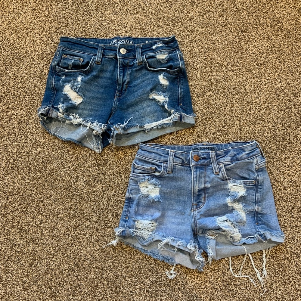 Arizona Jean Company Junior’s Distressed Denim Shorts - Dark Blue and Light Blue